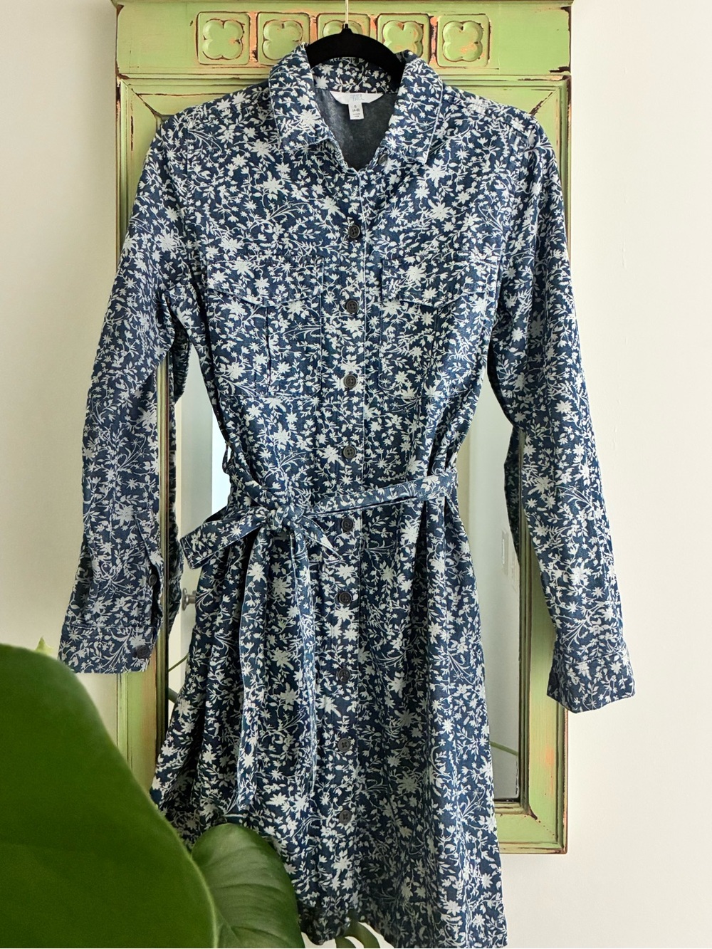 Blue and White Floral Denim Dress